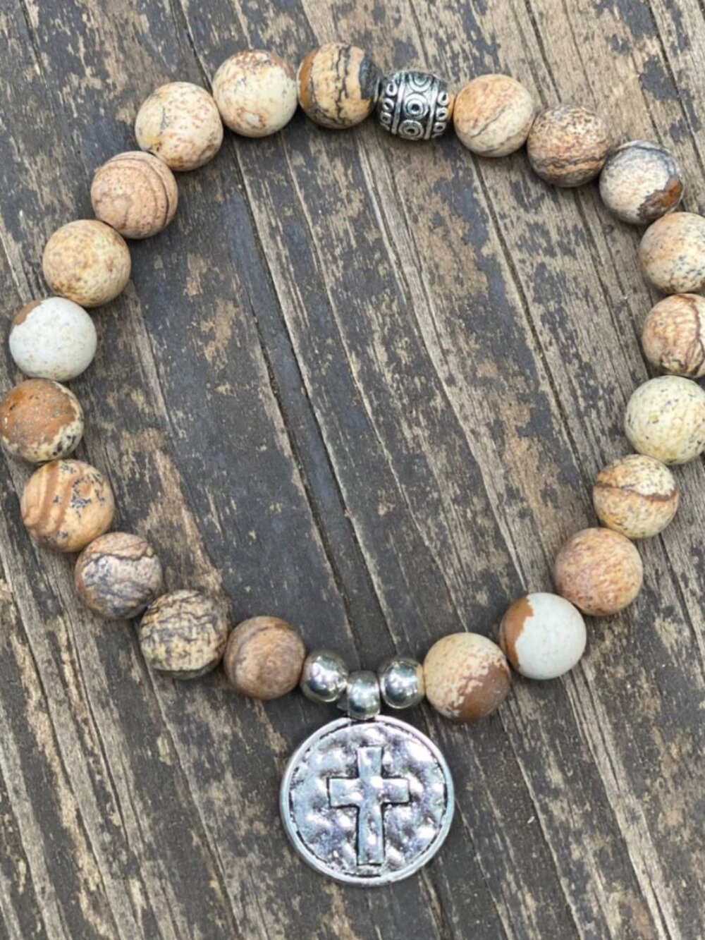 Natural Stone Cross Charm Stretchy Bracelet